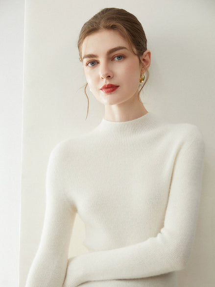 Women's 100% Cashmere Sweater - Semi-Turtleneck Seamless Knit