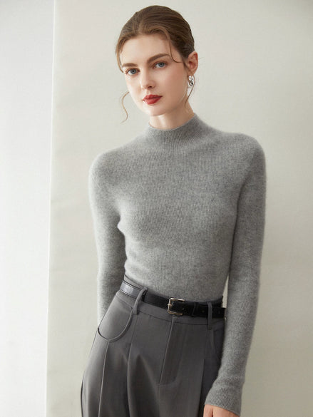 Women's 100% Cashmere Sweater - Semi-Turtleneck Seamless Knit