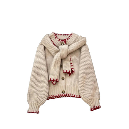 winter new lazy wind embroidered sweater jacket knitted sweater cardigan women + scarf set