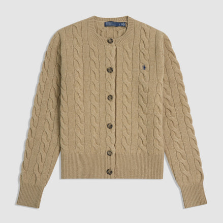 Women's Cable Knit Wool Cardigan – Crew Neck Button-Front