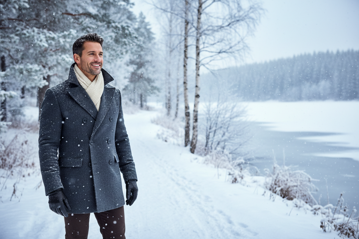 create an img for shopify slideshow bg a charismatique man for winter 