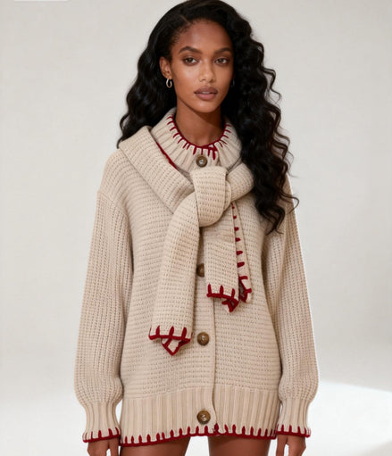 winter new lazy wind embroidered sweater jacket knitted sweater cardigan women + scarf set